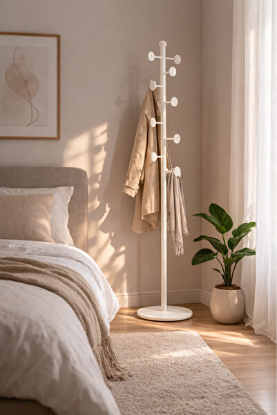 MARIA HOMES Minimalist White Floor Standing Coat Rack with Round Knobs for En...