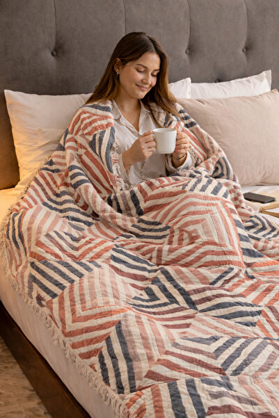 VERONİCA LİNE Geometric 100% Cotton Ply Muslin Bedspread Piqué , Premium Tasseled Reversible 220X240 Dowry Blanket