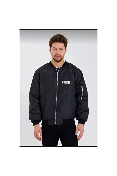 Narnuga معطف بومبر أسود - مكتوب عليه POLIZEI، أسود -