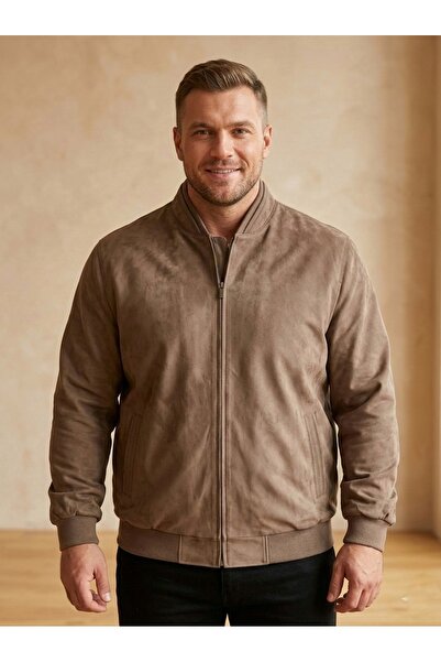 TANİŞ GİYİM Plus Size College Collar Bomber Suede Coat