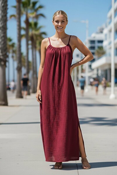 Mossta Y Sa prorezom Muslin haljina sa užadnim trakama - bordo crvena