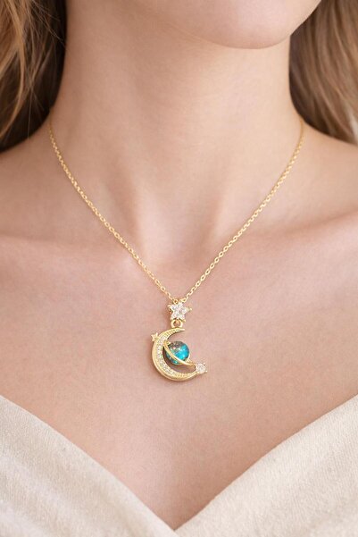 Two Two Premium Moon & Star Planet Figured Steel Necklace – Shiny Stone Detai...