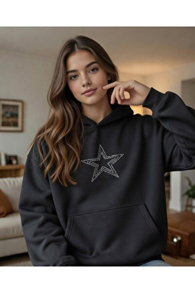 KVİNS Women's Star Stone Detailed Oversized Hoodie - Hooded Relaxed Fit Sweat...