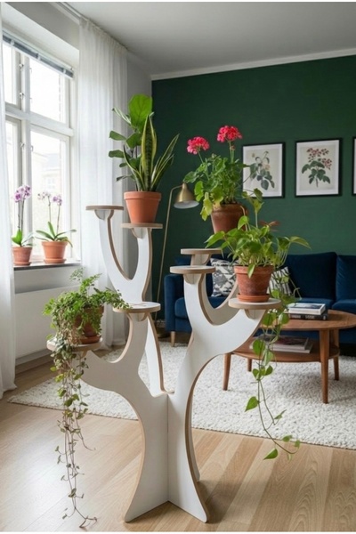 WOODEN MAN Dekoratif Ağaç Formlu Çiçeklik - 8 Bölmeli Modern Saksı Standı - B...