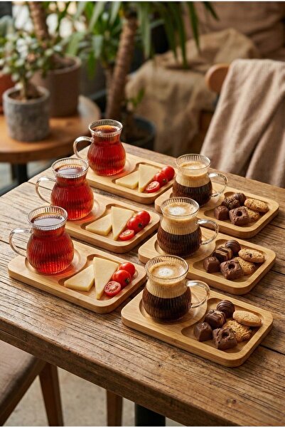 LeylArt 12-Piece Borosilicate Glass Cup with Handle and Bamboo Plates, 200 ml...