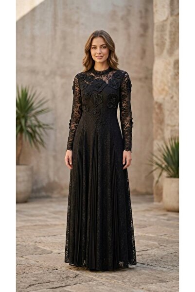 Rabiossa Kadın İnci İşlemeli 3D Çiçek Aplikeli Dantel Elbise