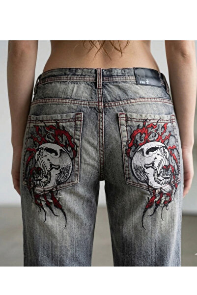 Köstebek Gri Double Fire Skull Streetwear Yıkamalı Jean Pantolon