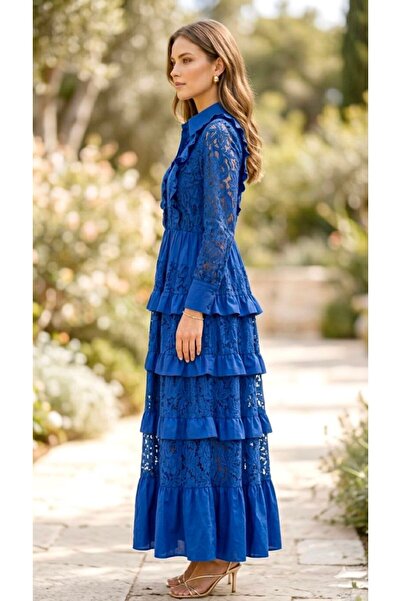 Rabiossa Kadın Fırfır ve Dantel Garnili Gömlek Yaka Uzun Elbise