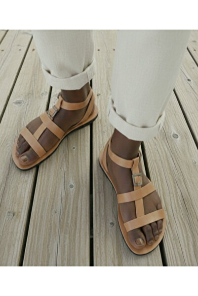 Bostini Men's Strappy Natural Genuine Leather Flip Flops Bodrum Sandals I