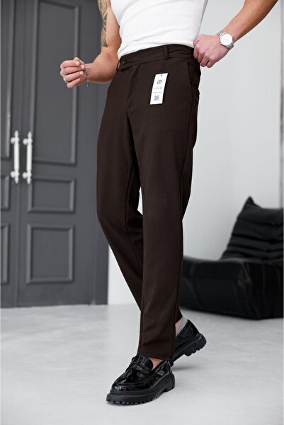 Ser Joven Men's Brown Slim Fit Lycra Side Pocket Ankle Length Plain Fabric Tr...