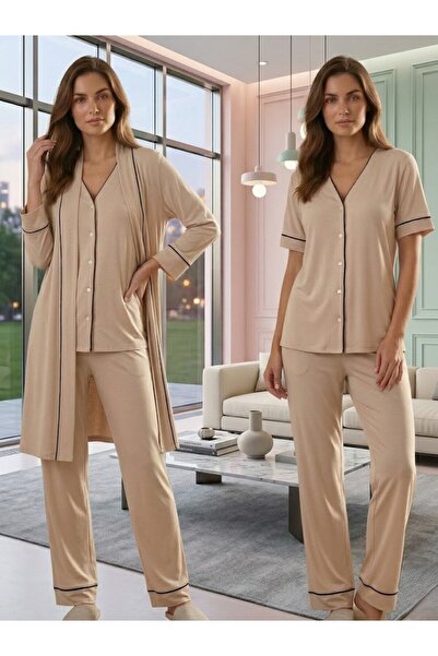 Lohussa New Season Beige Summer Piped Full Button Design Short Sleeve Materni...