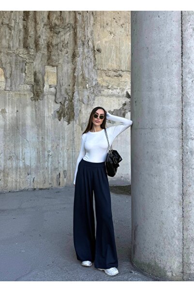 Fav Style Women's High Waist Wide-Leg Pleated Detailed Fabric Trousers Navy Blue