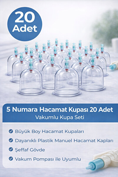 Bezos 5 Numara Hacamat Kupası 20 Adet Vakumlu Kupa Seti – Manuel Pompa Uyumlu...