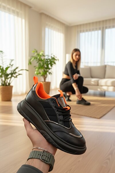 enoch حذاء نسائي أسود برتقالي عالي الجودة من حذاء بنعل عريض ومرتفع لي آند تكن...