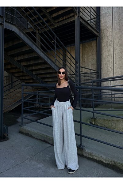 Fav Style Women's High Waist Wide-Leg Pleated Detailed Fabric Trousers Gray