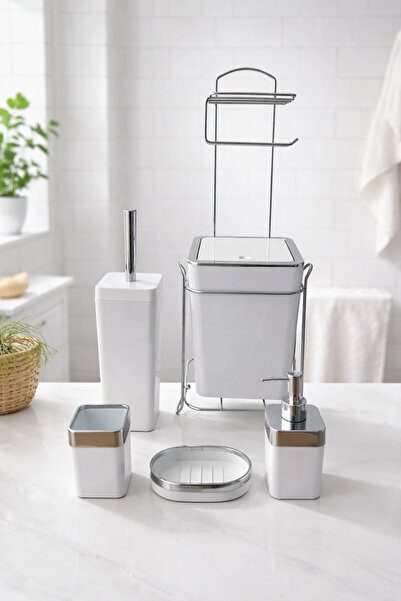 Marla Life Marla 6 Parça Wc standlı beyaz banyo seti - Beyaz/Gümüş