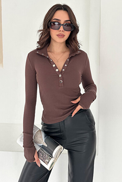 Noa&Noa Buttoned Rib Knit Blouse – Brown Power