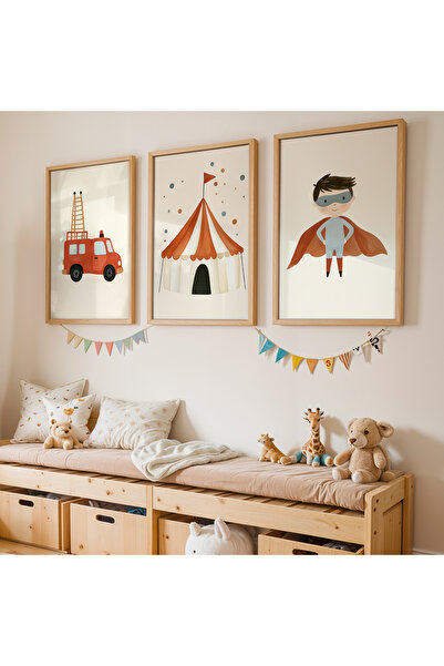Artiera 3 Parça Minimalist Süper Kahraman Erkek Çocuk Odası Ahşap Çerçeveli T...
