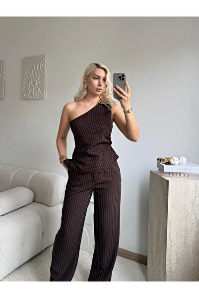 Zora Butik Çizgili Tek Omuz Bluz Pantolon Takım- KAHVE