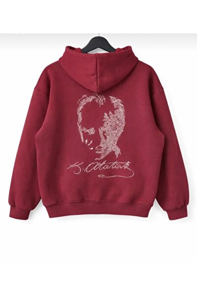 DEZZİİ Burgundy Back Atatürk Printed Oversized Sweatshirt