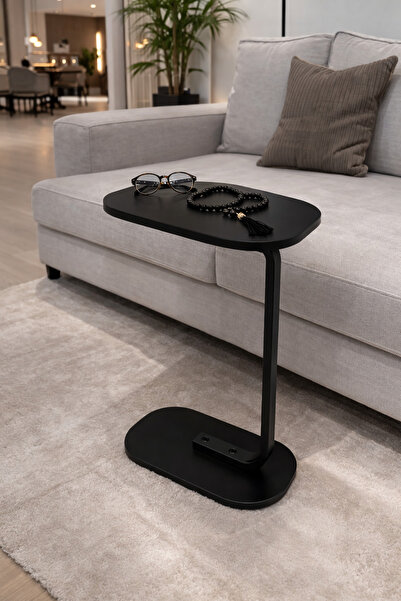 terndat C-shaped wooden service table with a black top