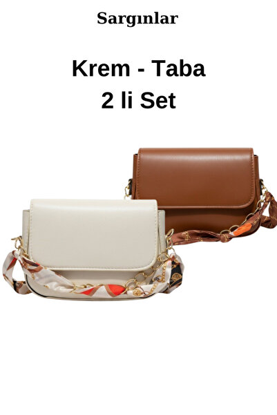 Sargınlar Chain Detail Scarf Cream-Tan Set of 2 Hand and Shoulder Bag Scarves