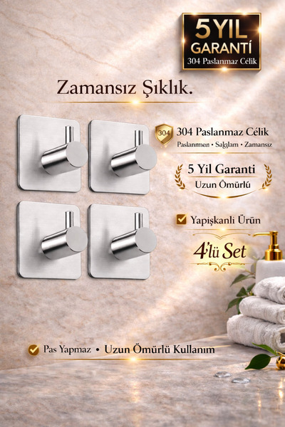 Alper Banyo Premium 304 Paslanmaz Çelik Bornoz Askısı 4’lü Set | Güçlü Yapışk...