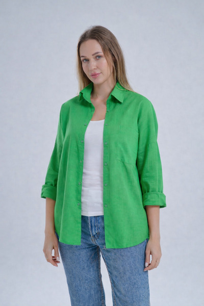 DEZZİİ Pistachio Green Flared Linen Shirt