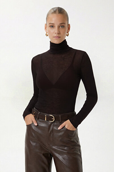 Ritnice Women's Adel Sheer Turtleneck Ultra Lightweight Brown Knitted Blouse