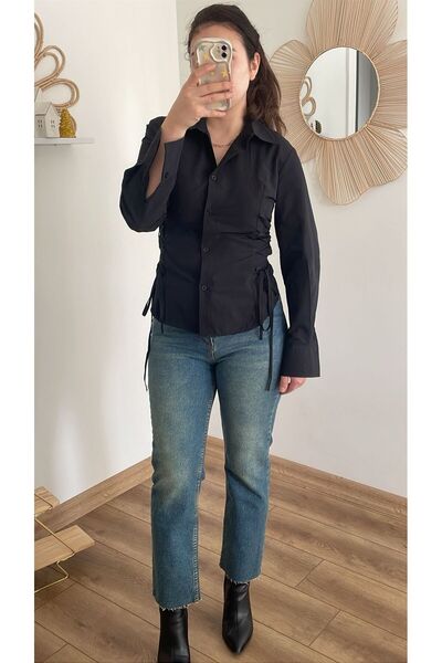 Nihanello Butik Yanları bağcıklı siyah gömlek