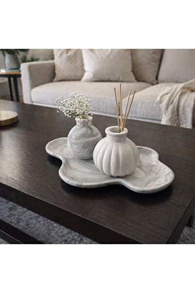 Sisay Home Gri Mermer Desen Dekoratif Vazo Seti | Orta Sehpa & Salon Dekoru