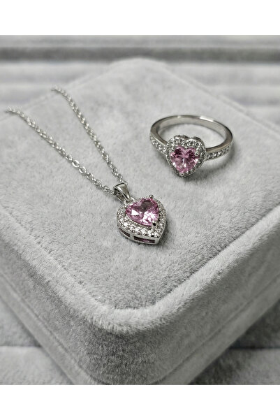 Gleemy accesories Pembe Zirkon Taşlı Kalp Kolye ve ayarlanabilir Yüzük Seti