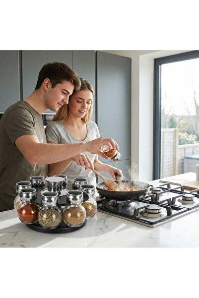 OEM Σετ 8 μοντέρνων βάζων μπαχαρικών με περιστρεφόμενη βάση, μαύρο