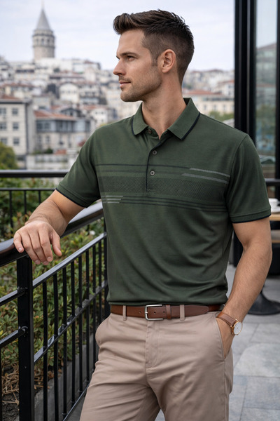 Maccali Men's Cotton in Patterned Comfortable Khaki Polo Neck T-Shirt