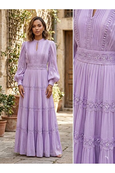 Rabiossa Taş İşlemeli Uzun Kollu Uzun Elbise