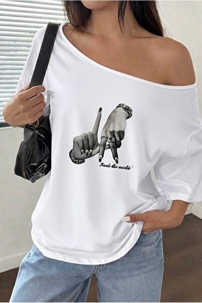 FUFLUNS El Printed Oversized Women's Boat Neck T-Shirt