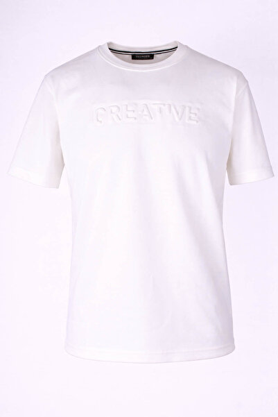 trender 26Yss9000029 White Men's T-Shirt Modal 0 Collar Gofre Printed