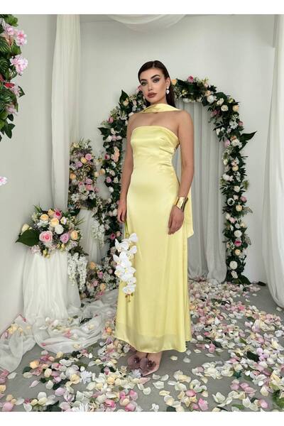 ETİKAFASHION Saten Straplez Şal Detaylı Uzun Abiye Elbise