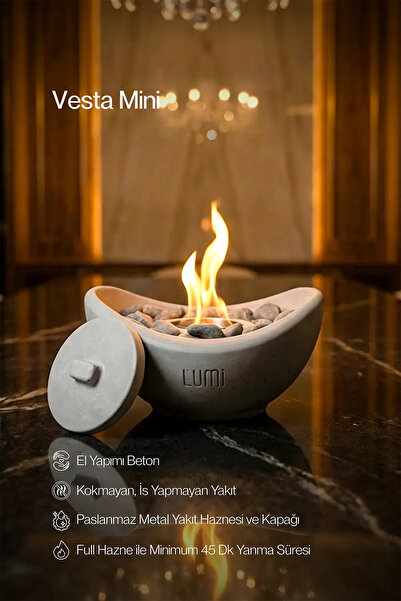 lumi atelier Lumi Vesta Mini – Masaüstü Bacasız Beton Şömine + Bioethanol Yak...