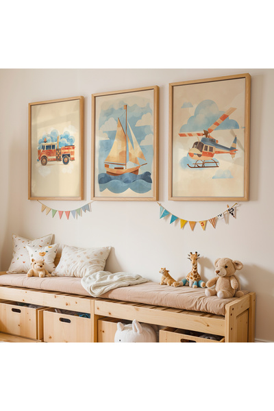 Artiera 3 Parça İskandinav Taşıtlar Erkek Çocuk Odası Ahşap Çerçeveli Tablo Seti