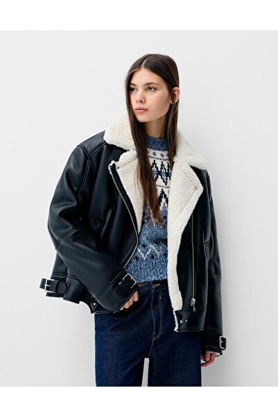 Butik Allbucks Bersh Inner Faux Wool Wool Biker Jacket Coat Abbrs3781