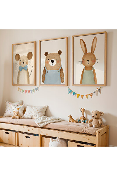 Artiera 3 Parça Sevimli Fare Ayı Tavşan Çocuk Odası Ahşap Çerçeveli Tablo Seti