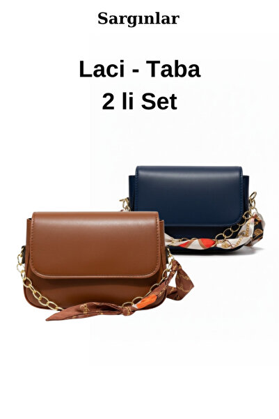 LAUGH BAG Chain Detail Scarf Navy Blue Tan Set of 2 Hand and Shoulder Bag Sca...