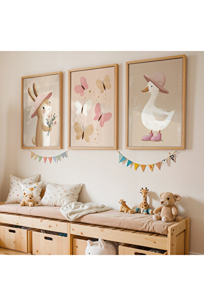Artiera 3 Parça Pastel Tavşan Kuğu Kelebekler Kız Çocuk Odası Ahşap Çerçeveli...