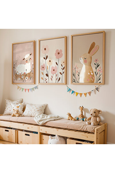 Artiera 3 Parça Bohem Çiçekli Tavşan ve Kuzucuk Kız Çocuk Odası Ahşap Çerçeve...
