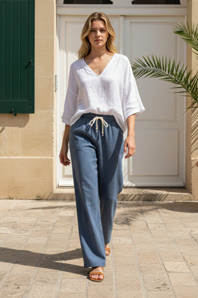 INFLUYENTE Γυναικείο Βαμβάκι τεμάχιο Ψηλόμεσο Φαρδιά μπατζάκια Μουσελίνα παντ...