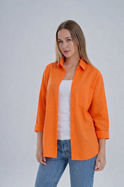 DEZZİİ قميص برتقالي مزين بالشراشيب كتان