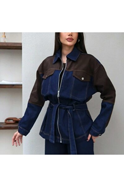 MADDİSSON Women's Brown Double Color Denim Belted Suit