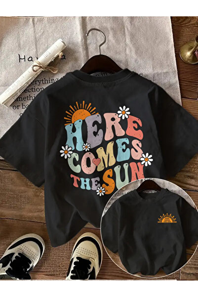 AEMİ Unisex Here Comes the Sun Printed Oversized Crew Neck T-Shirt