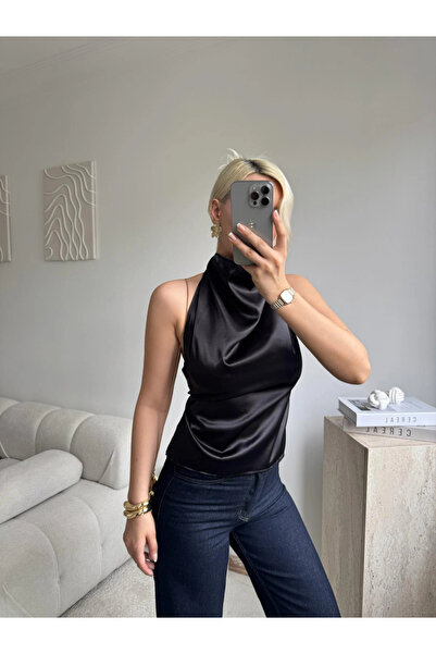 Zora Butik Saten Halter Yaka Sırtı Açık Dökümlü Bluz - SİYAH